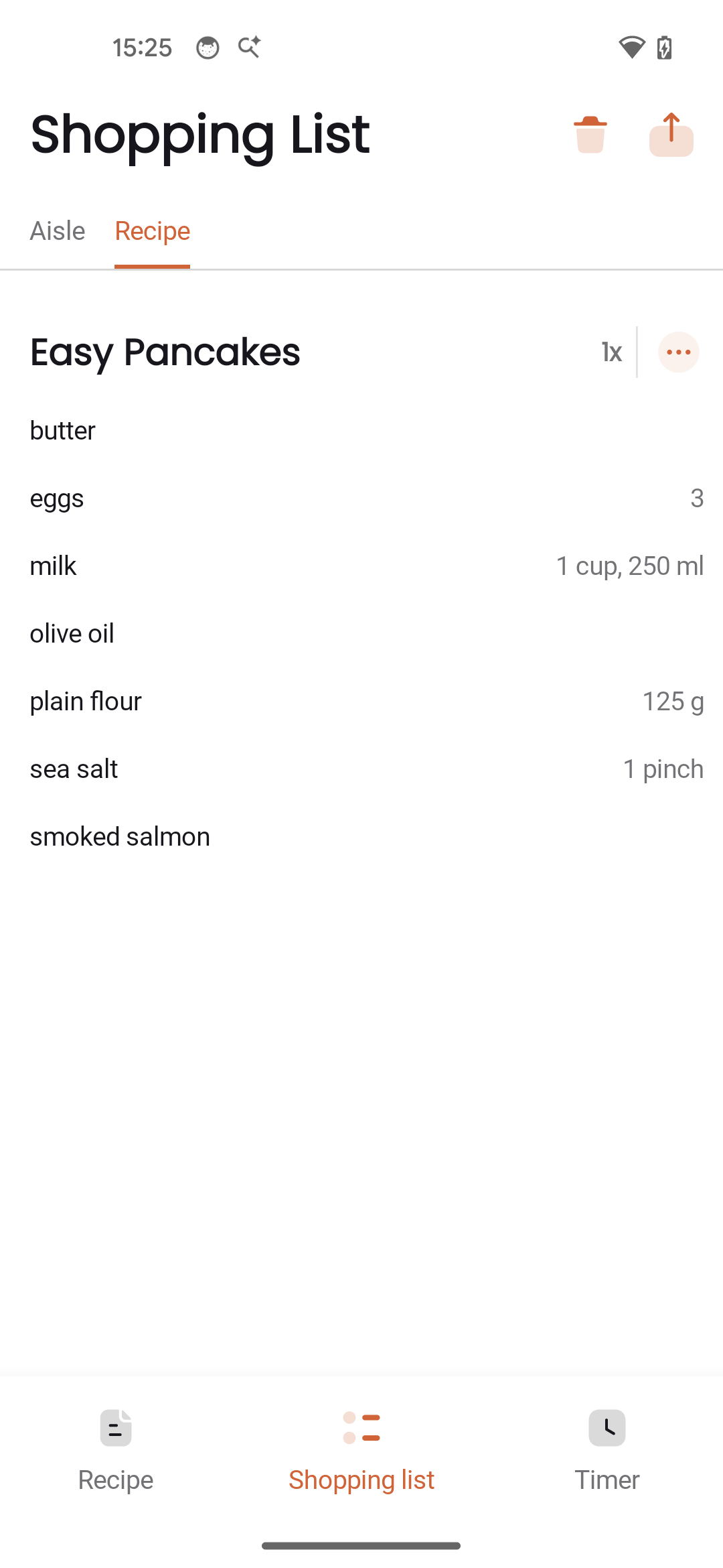 Shopping list organized by recipe
