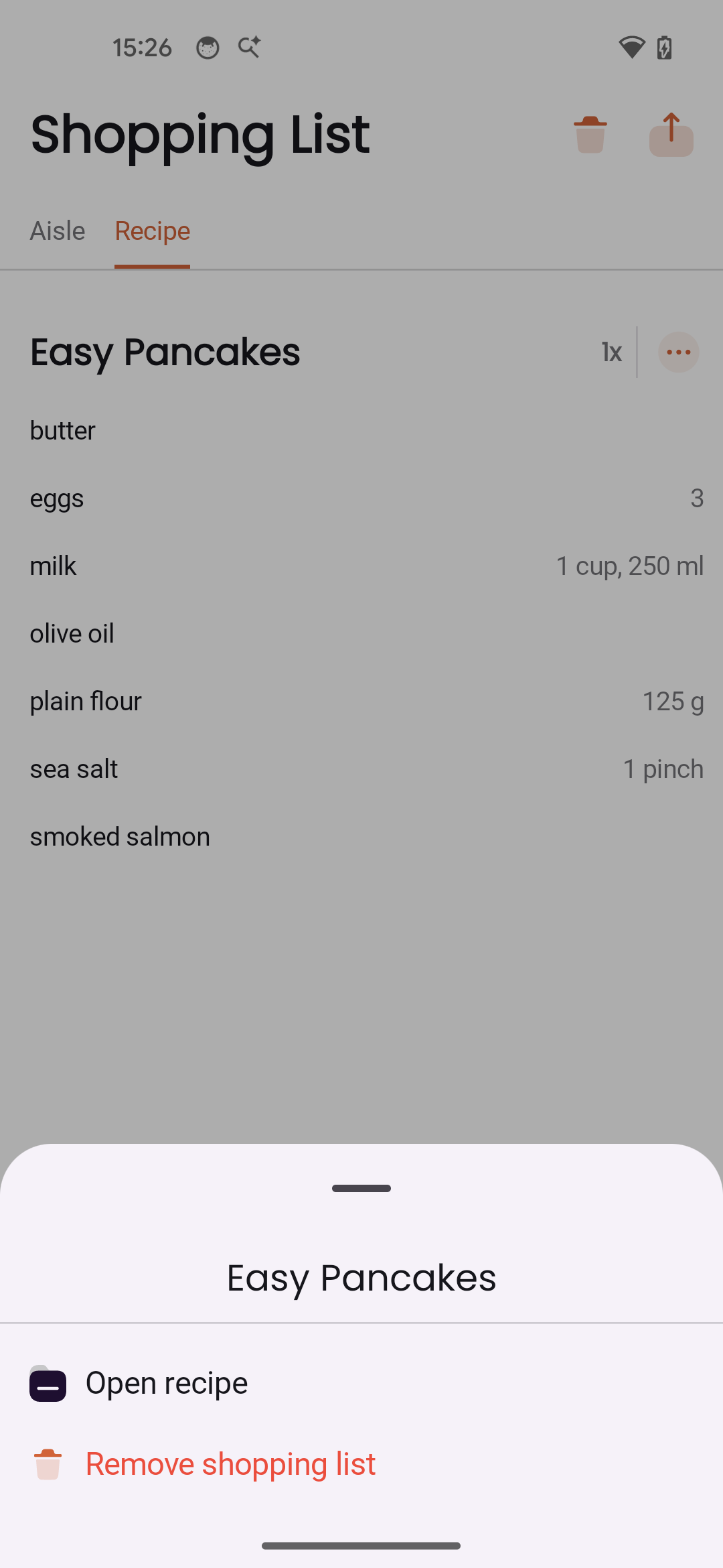 Recipe context menu with Open and Remove options