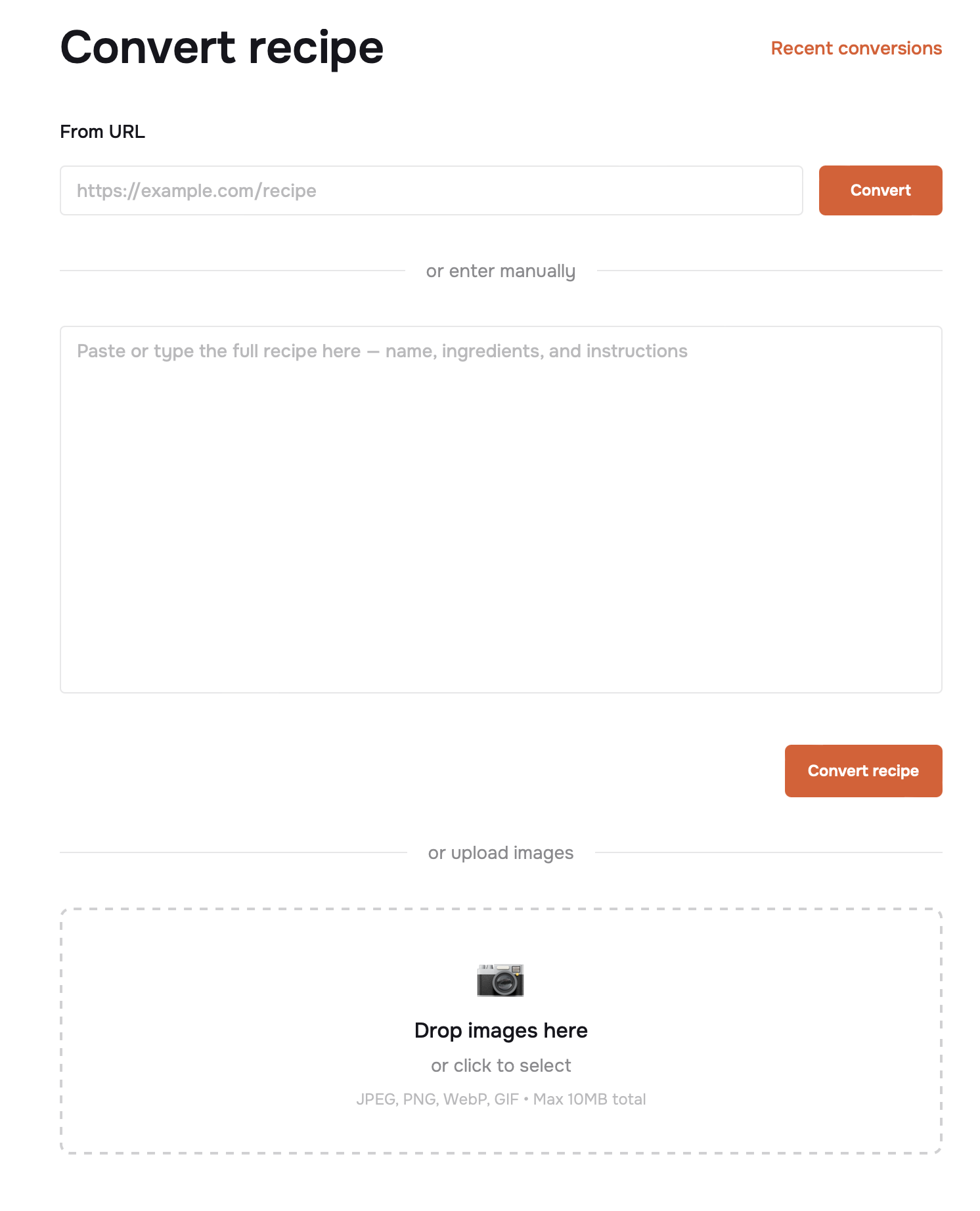 Cookify Convert Recipe page with URL, text, and image upload inputs