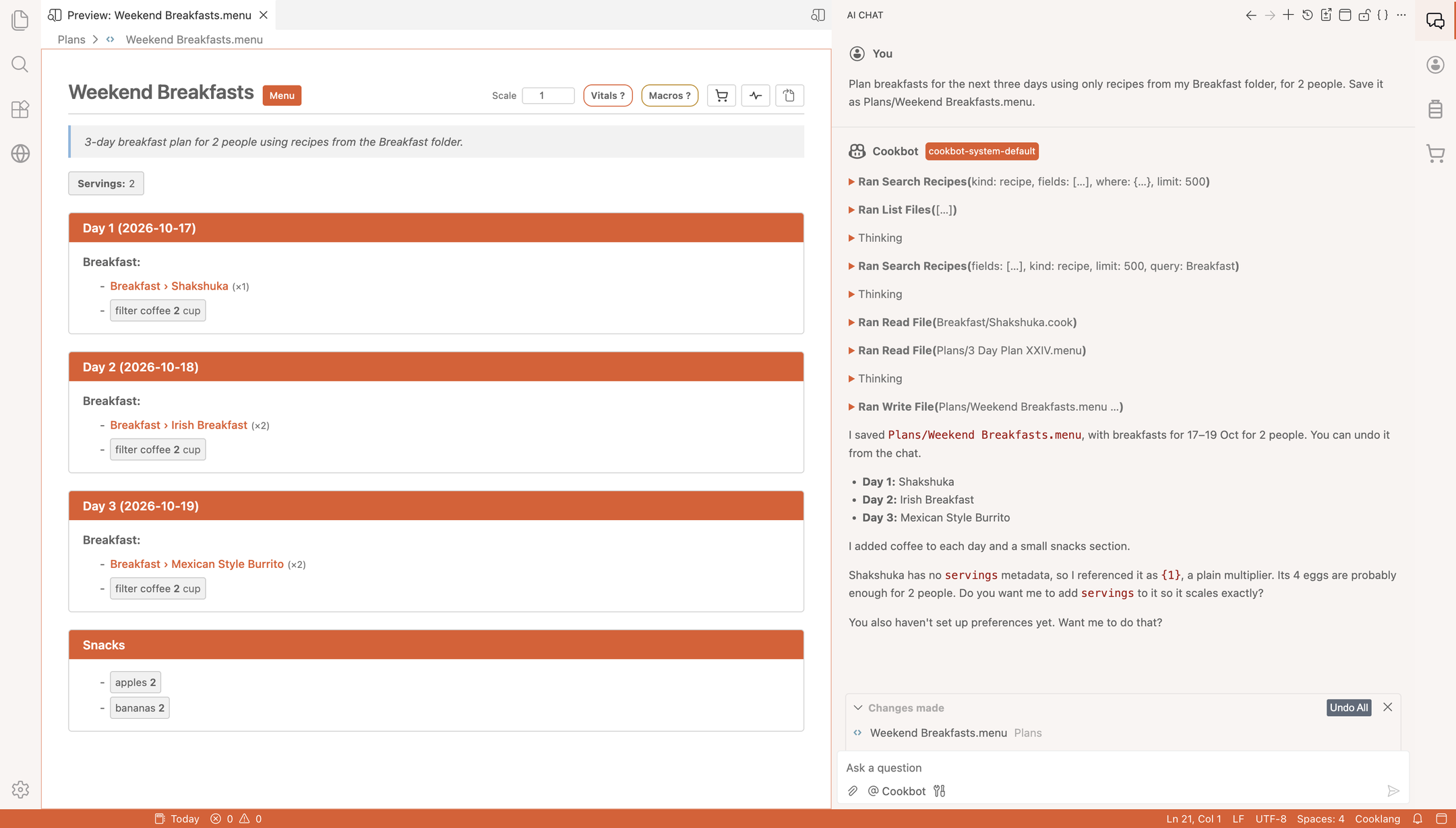 CookBot sidebar after drafting a three-day breakfast plan from the Breakfast folder, with the new .menu file open in the preview