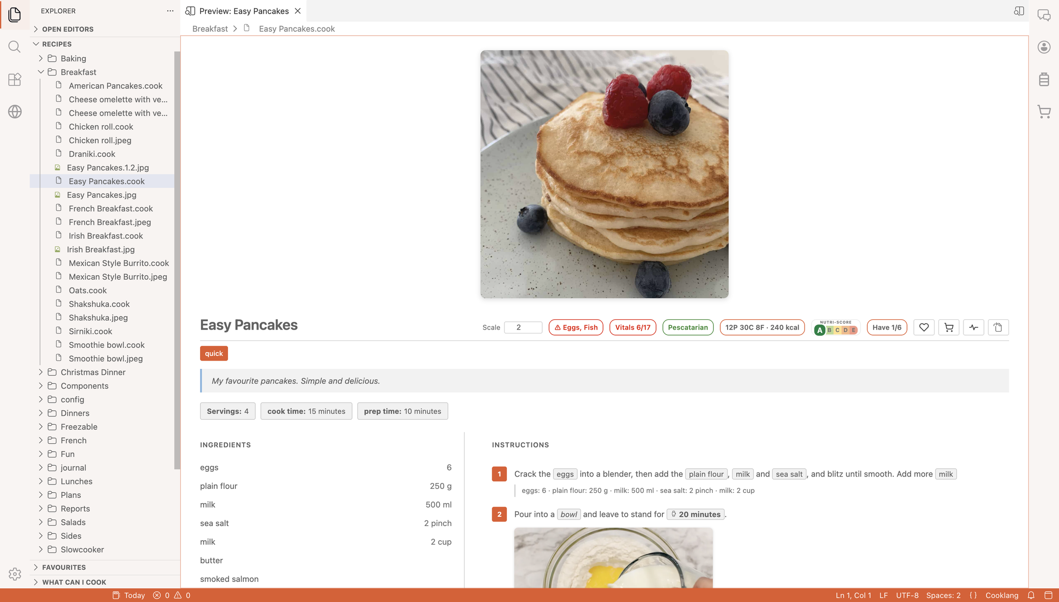 Recipe preview of Easy Pancakes scaled to 2: every ingredient amount doubled