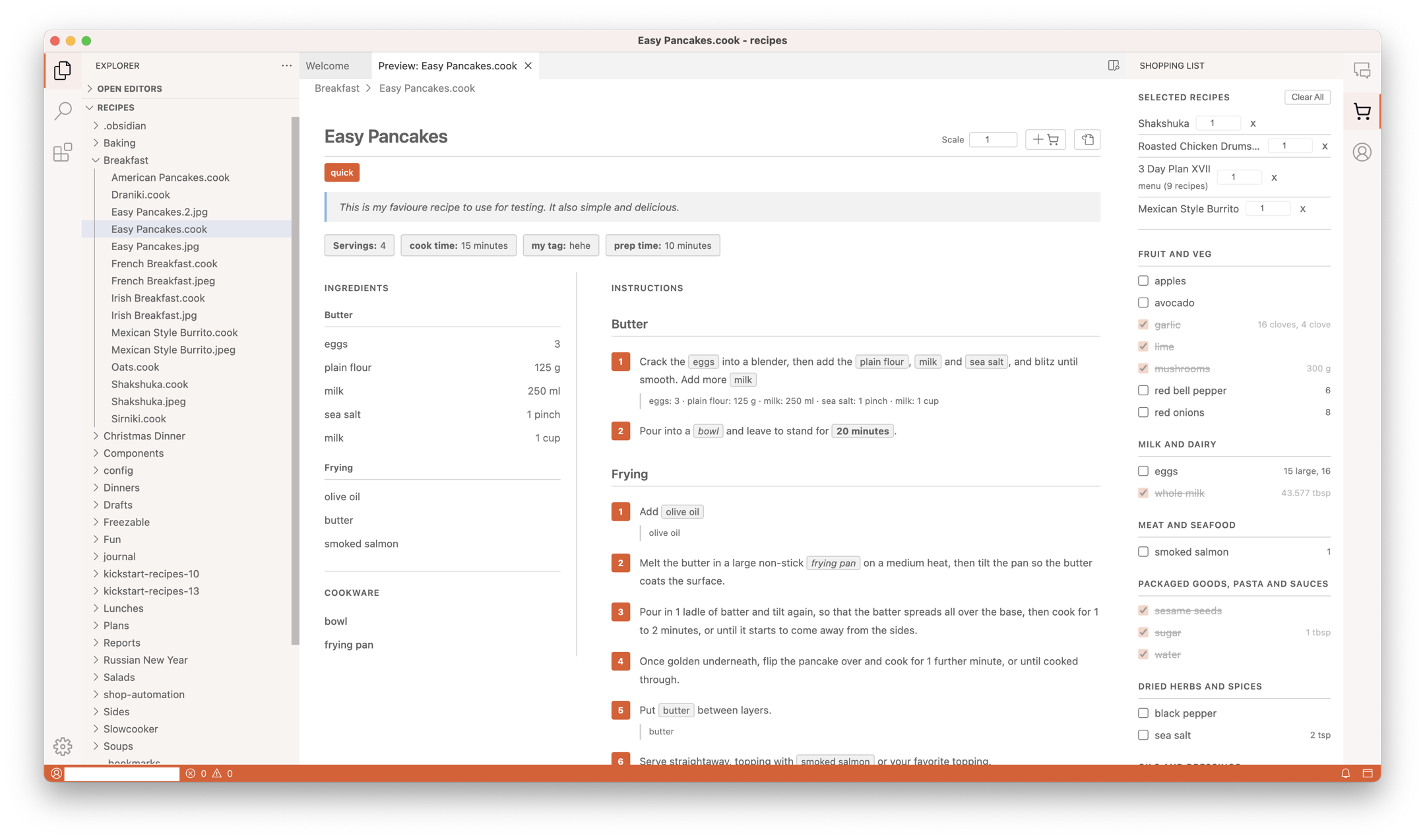 Cook Editor showing a recipe preview with shopping list sidebar