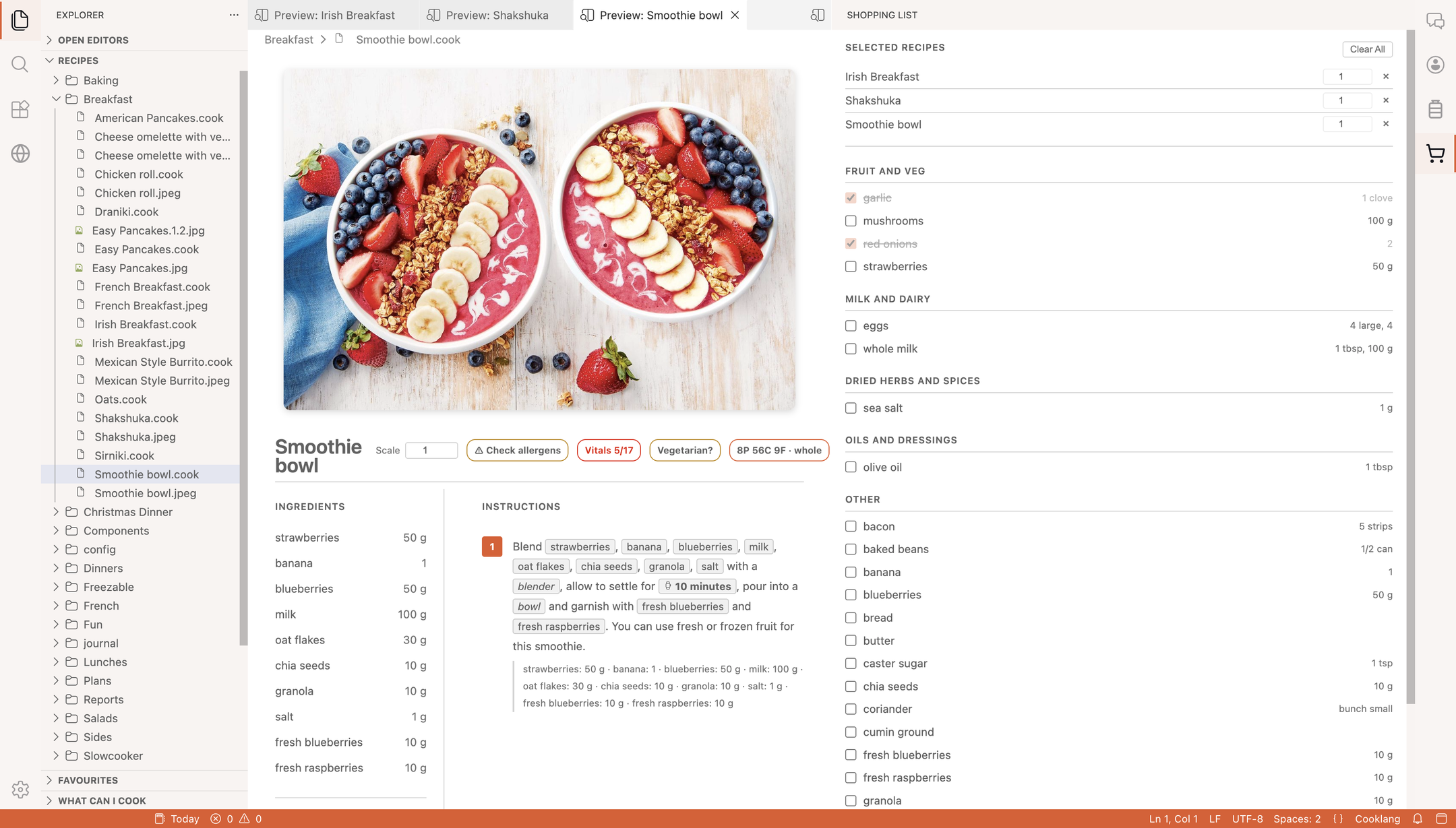 Shopping list built from three recipes, grouped by aisle, with two items ticked off