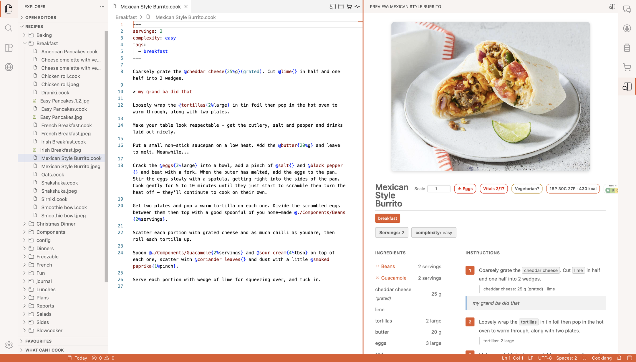 Cooklang source with syntax highlighting next to the rendered recipe preview