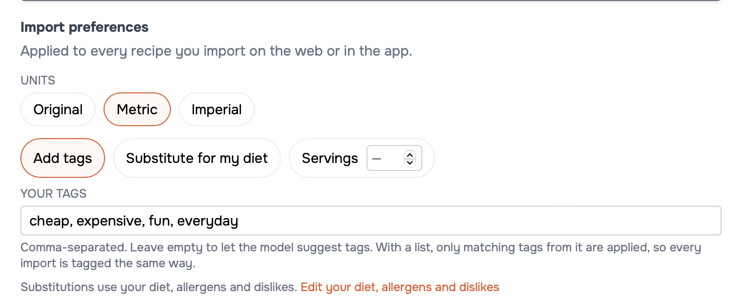 The Import preferences section of the Cook profile page, with Metric units and Add tags selected, and the tag list cheap, expensive, fun, everyday