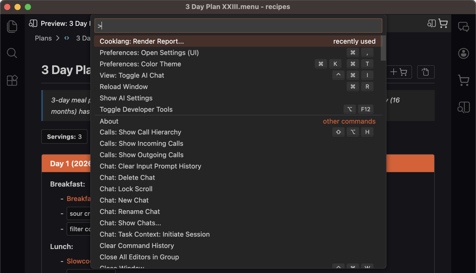 The command palette in Cook Editor with 'Cooklang: Render Report…' at the top