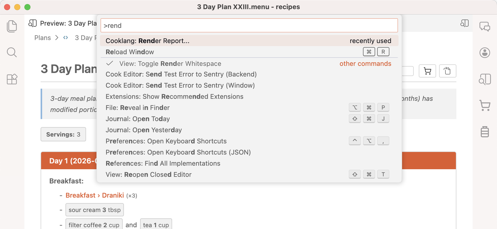 The command palette in Cook Editor with 'Cooklang: Render Report…' at the top