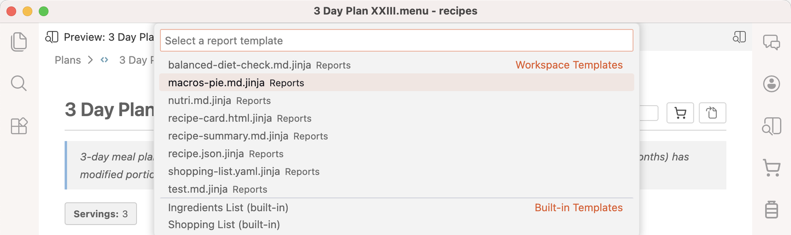 The report template picker listing workspace templates and two built-in templates