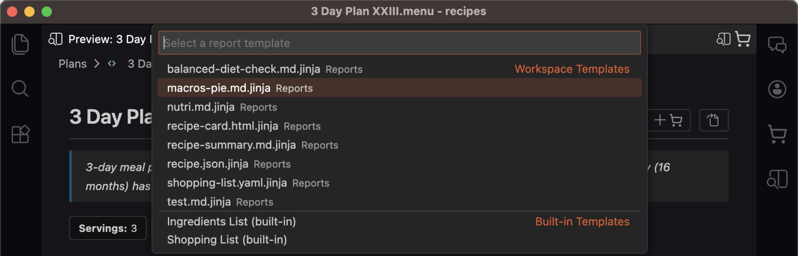 The report template picker listing workspace templates and two built-in templates