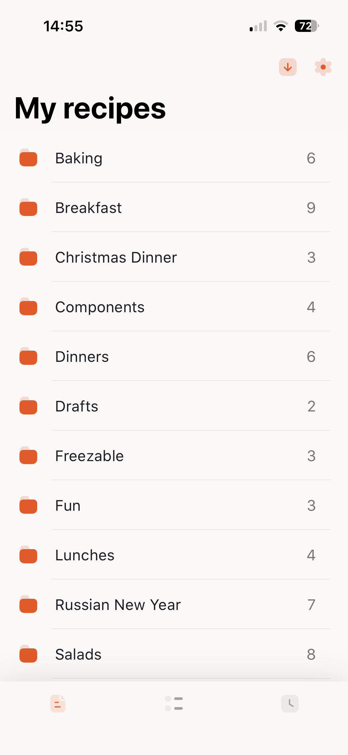 iOS app browsing cookbooks organized in folders