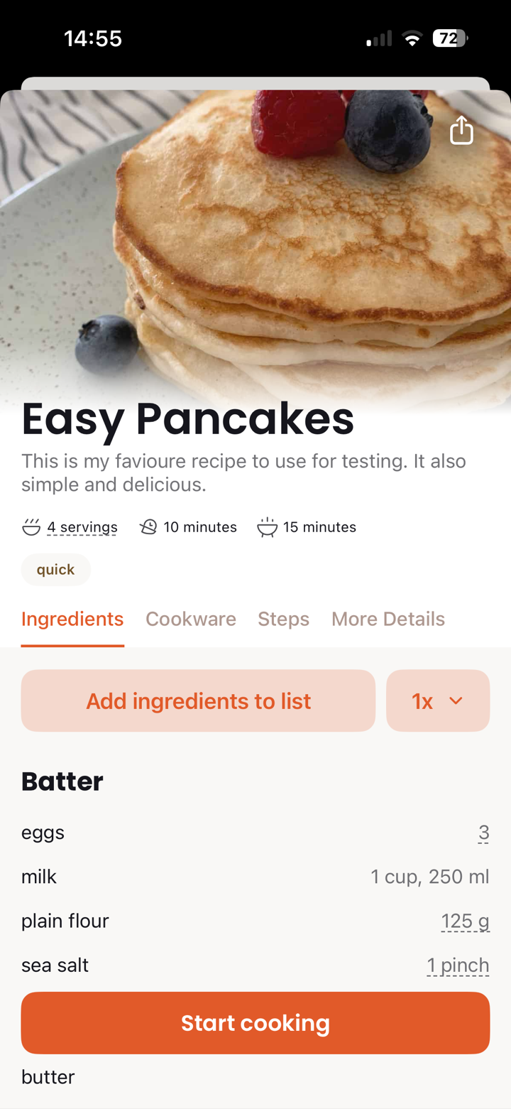 iOS app showing recipe ingredients view