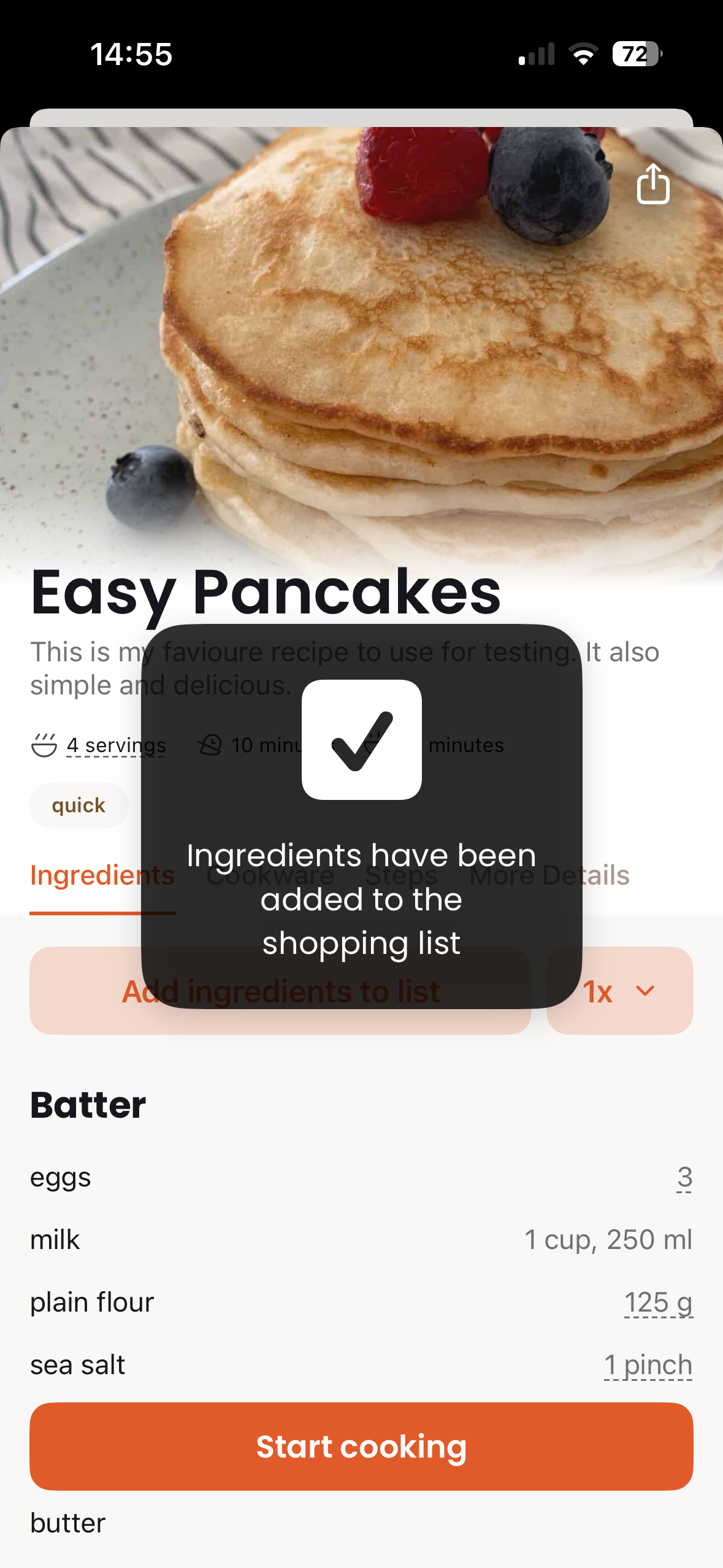 Ingredients added to shopping list confirmation