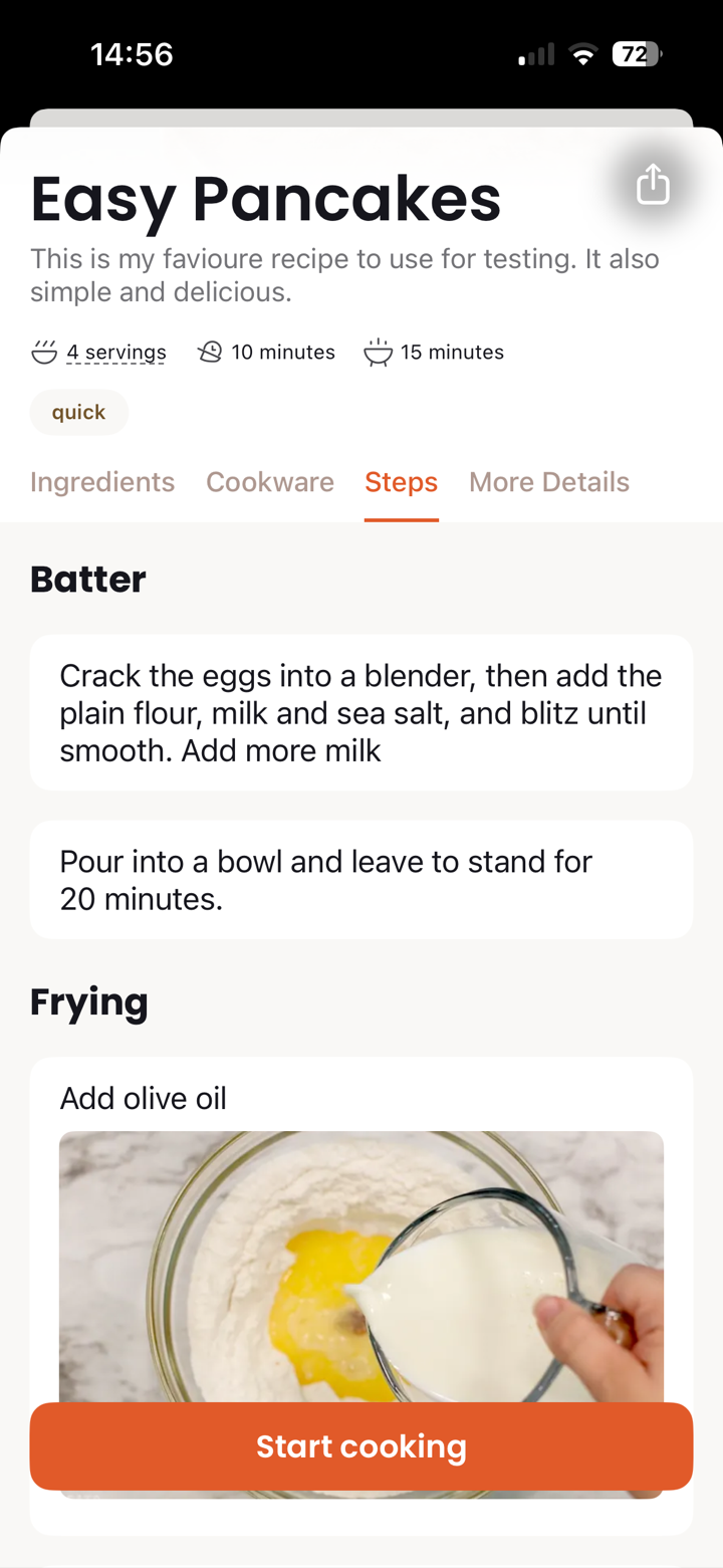 iOS app cooking mode showing recipe steps