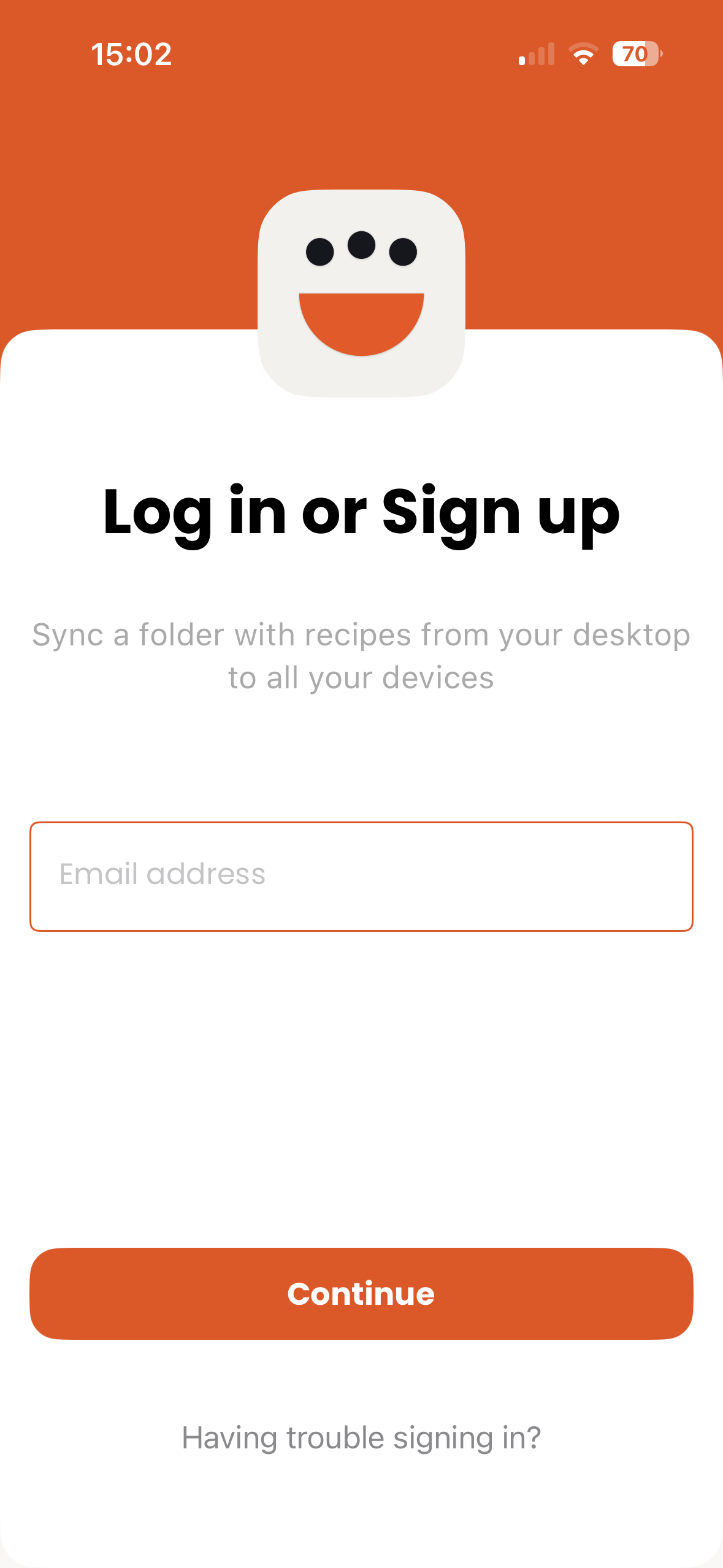Log in or Sign up screen