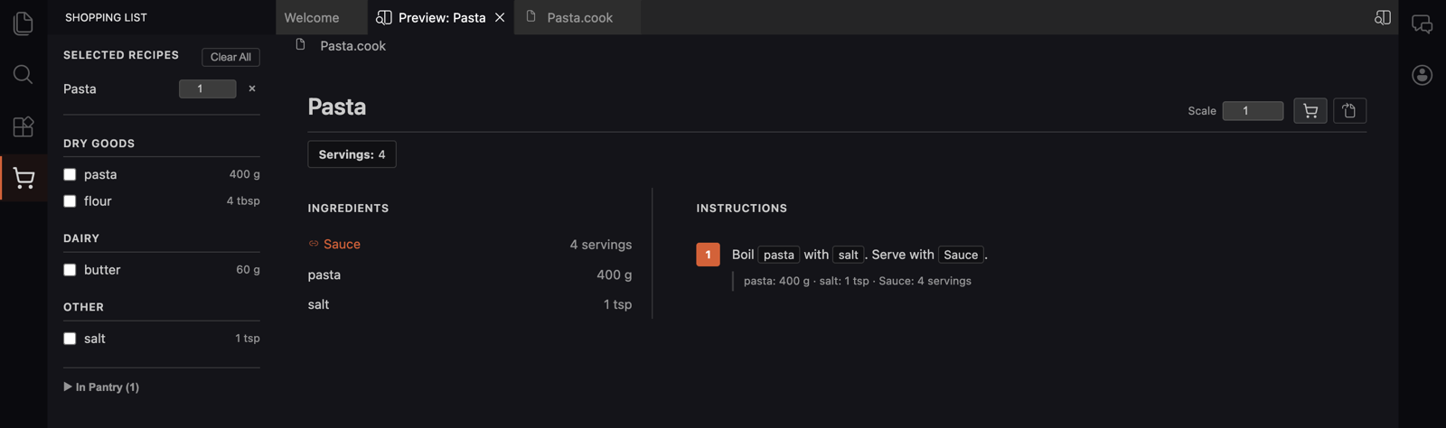 Recipe preview header with the Shopping List plugin's cart button next to Show Source, and the Shopping List panel on the left