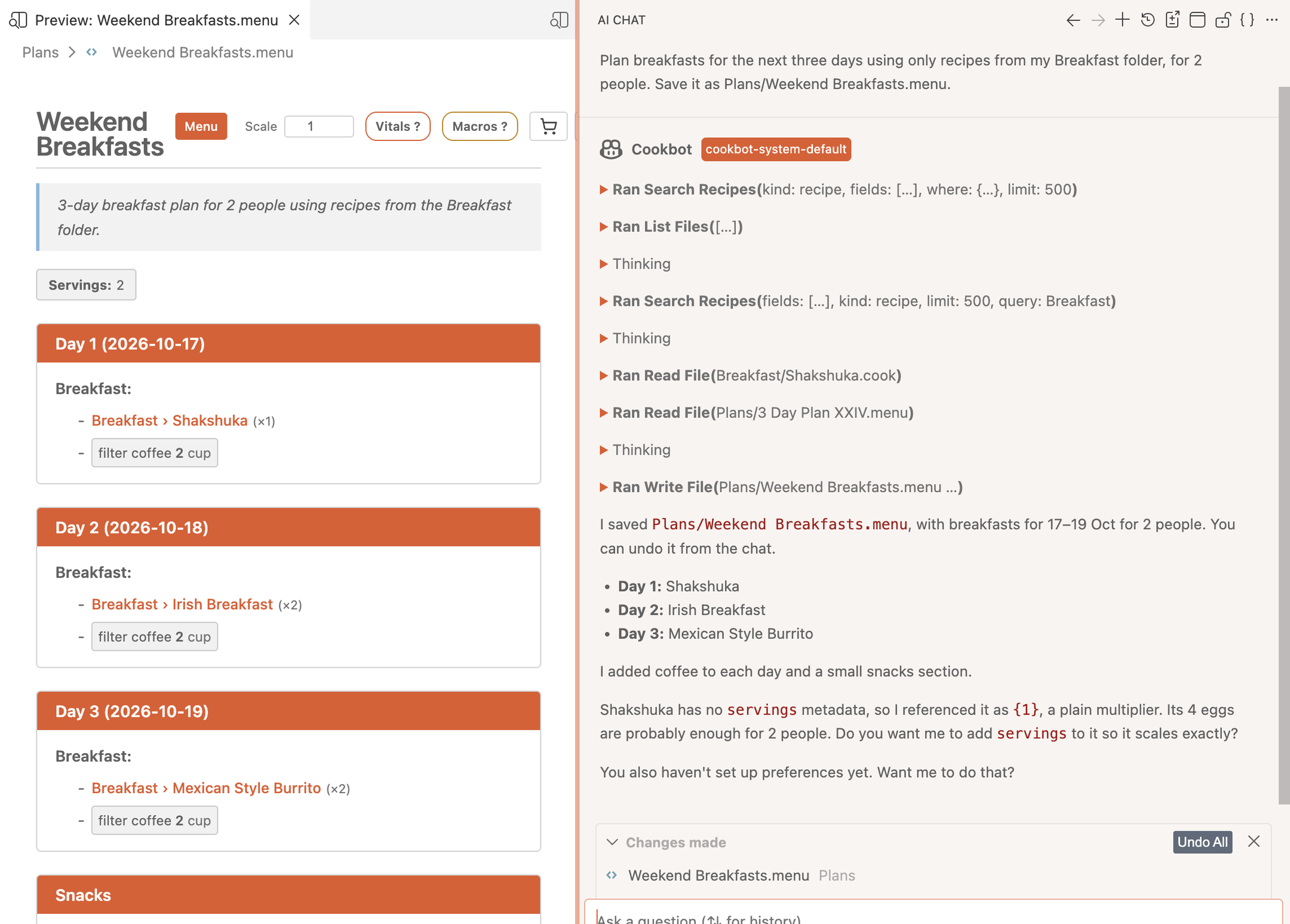 Cook Editor with a three-day breakfast plan open and CookBot in the side panel explaining the plan it just wrote
