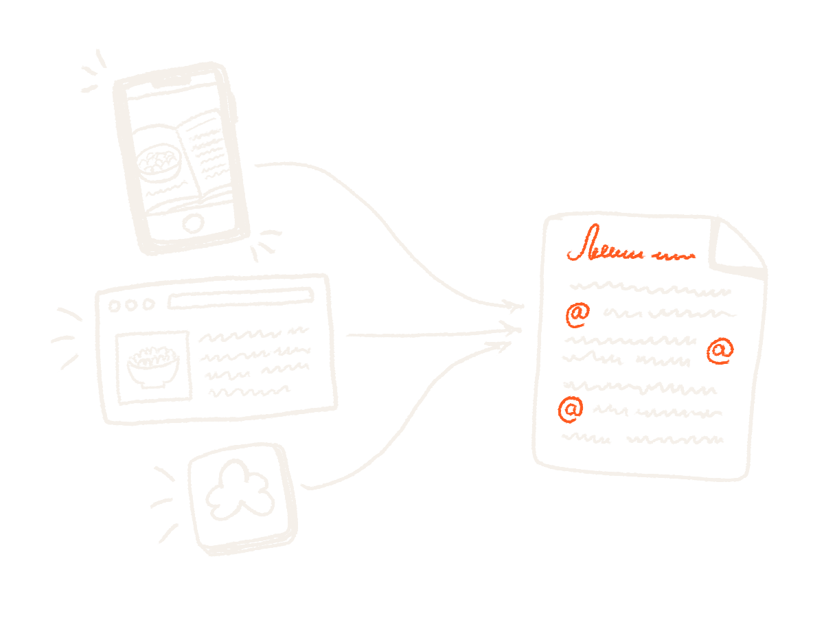 A phone photographing a cookbook, a browser window and an app icon, all flowing into one plain-text recipe page