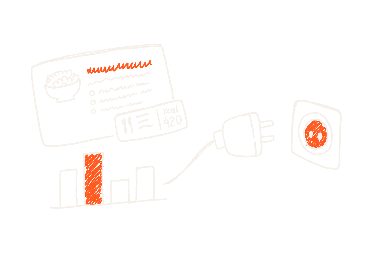 A hand-drawn recipe card with a calorie label and a bar chart, and a plug reaching for a socket