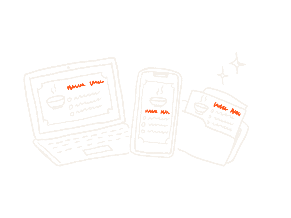 The same hand-drawn recipe card on a laptop, a phone and a folder